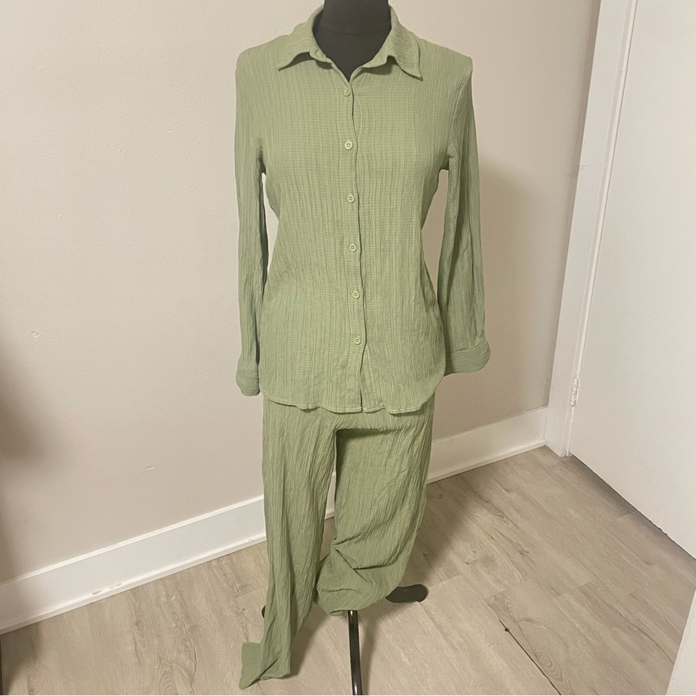 Shein Green Button Up Shirt & Trousers Set